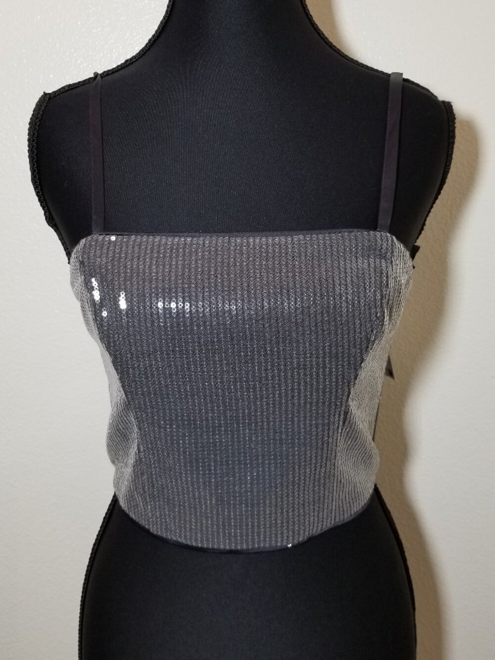 Guess Cassia Gray Sequin Bustier Spaghetti Strap Crop Top Size M Club Sexy NWT